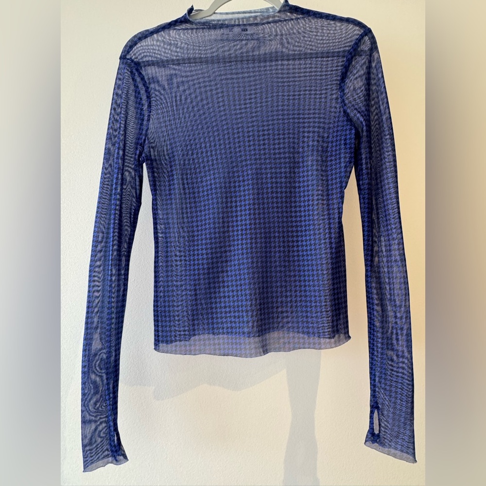 Blue and Black Houndstooth Sheer Long Sleeve Women's Top